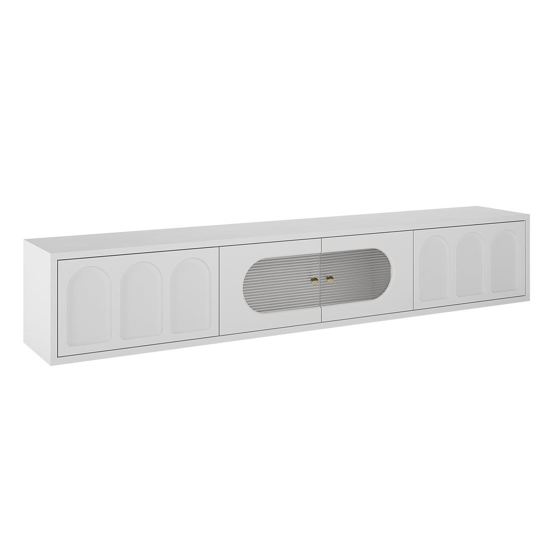 Hava 180cm Arched Entertainment Unit White featuring arched drawer designs, fluted glass doors, and a sleek, handle-free finish. Ideal for modern living rooms with ample storage and stylish design.
