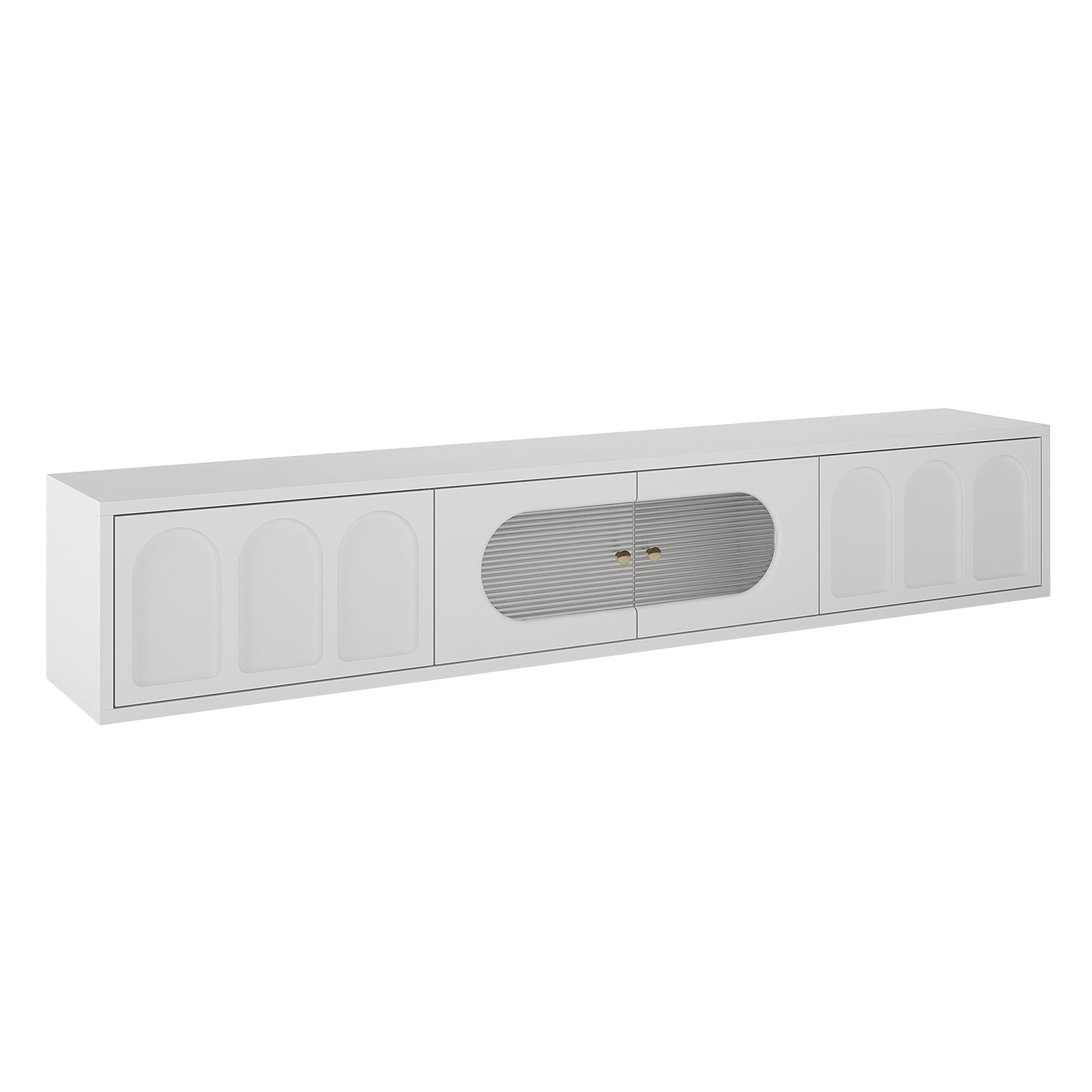 Hava 180cm Arched Entertainment Unit White featuring arched drawer designs, fluted glass doors, and a sleek, handle-free finish. Ideal for modern living rooms with ample storage and stylish design.