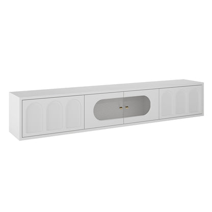 Hava 180cm Arched Entertainment Unit White featuring arched drawer designs, fluted glass doors, and a sleek, handle-free finish. Ideal for modern living rooms with ample storage and stylish design.