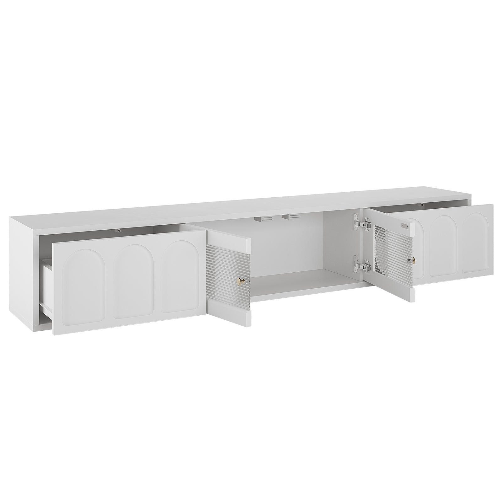 Hava 180cm Arched Entertainment Unit featuring open white cabinets, handle-free drawers, and unique arched designs, showcasing stylish fluted glass doors and ample storage for a modern living room.