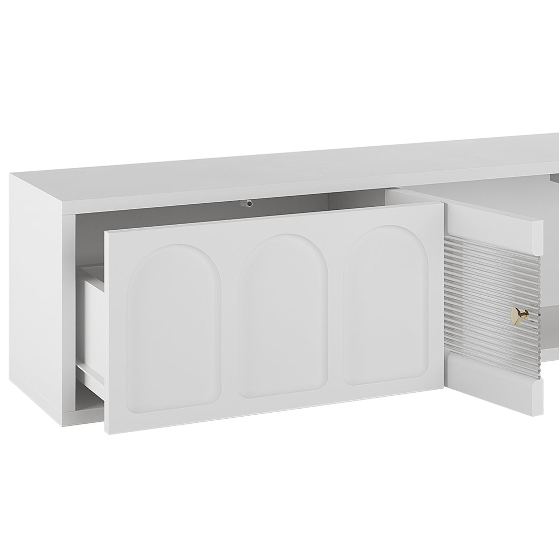 Hava 180cm Arched Entertainment Unit White features sleek arched drawer designs and a modern fluted glass cabinet, ideal for stylish storage in contemporary living rooms.