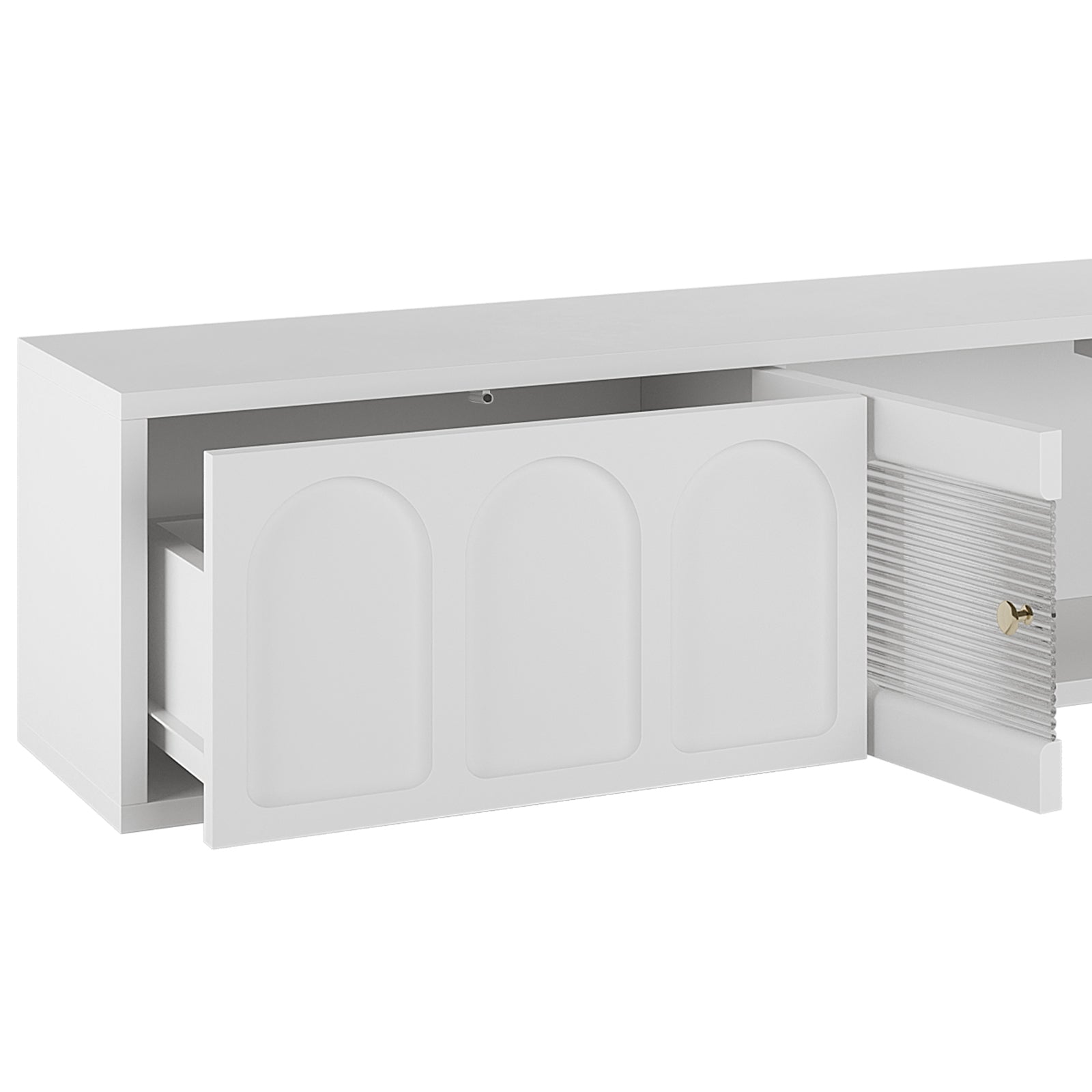 Hava 180cm Arched Entertainment Unit White features sleek arched drawer designs and a modern fluted glass cabinet, ideal for stylish storage in contemporary living rooms.