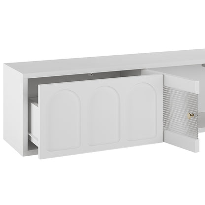 Hava 180cm Arched Entertainment Unit White features sleek arched drawer designs and a modern fluted glass cabinet, ideal for stylish storage in contemporary living rooms.