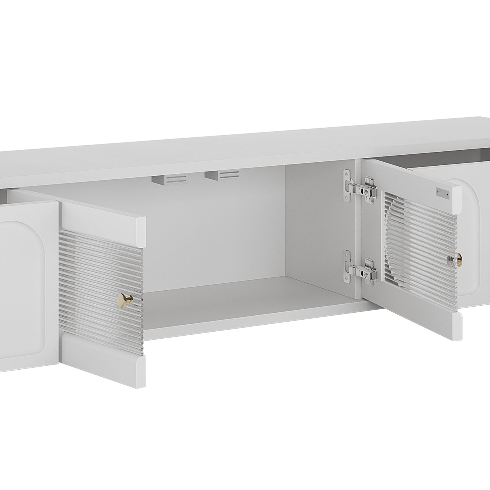 Close-up of the Hava 180cm Arched Entertainment Unit, highlighting its arched drawer designs and sleek, handle-free drawers, perfect for modern living room storage.