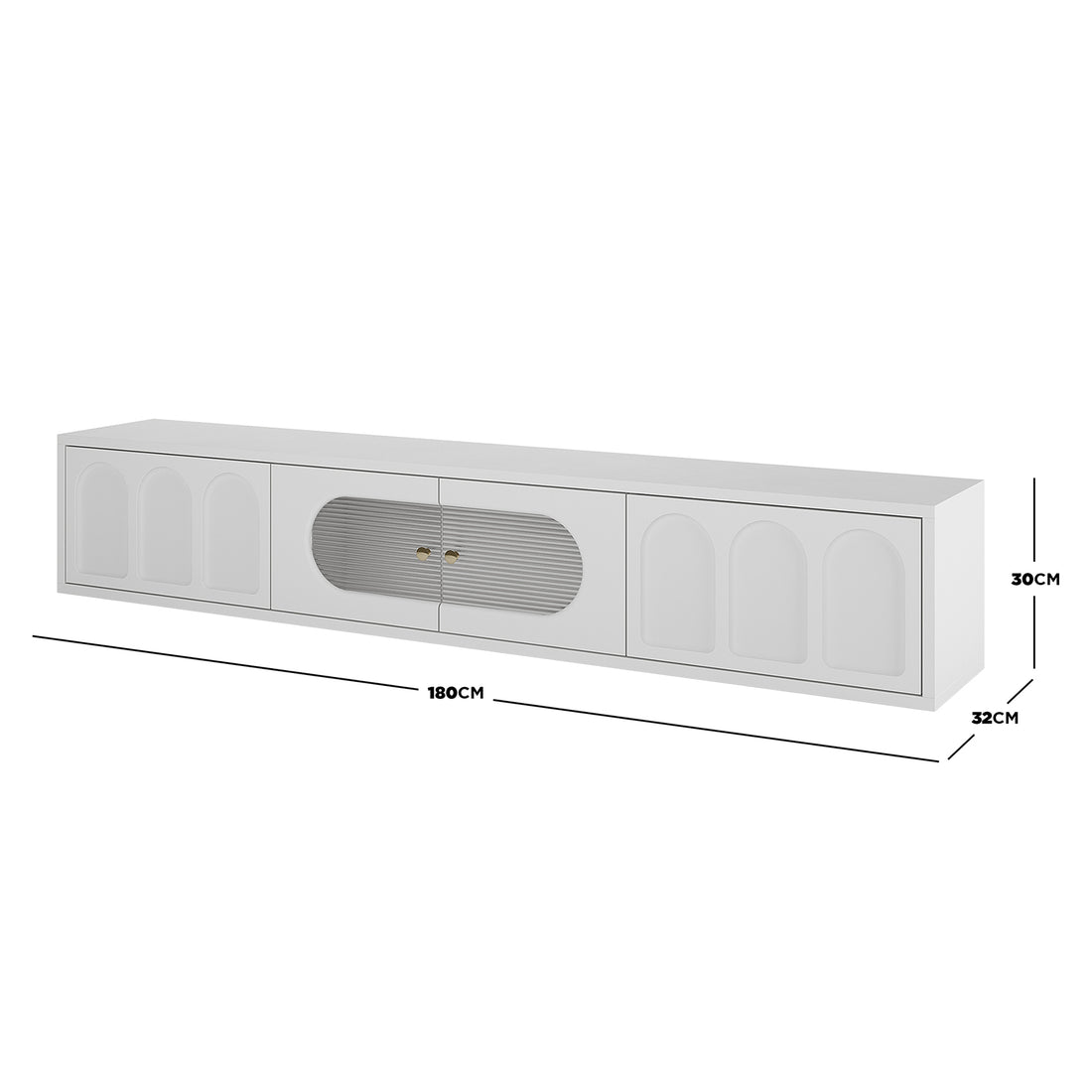 Hava 180cm Arched Entertainment Unit White with sleek, arched drawer designs, handle-free drawers, and fluted glass doors, perfect for modern living rooms.