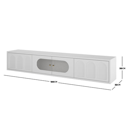 Hava 180cm Arched Entertainment Unit White with sleek, arched drawer designs, handle-free drawers, and fluted glass doors, perfect for modern living rooms.
