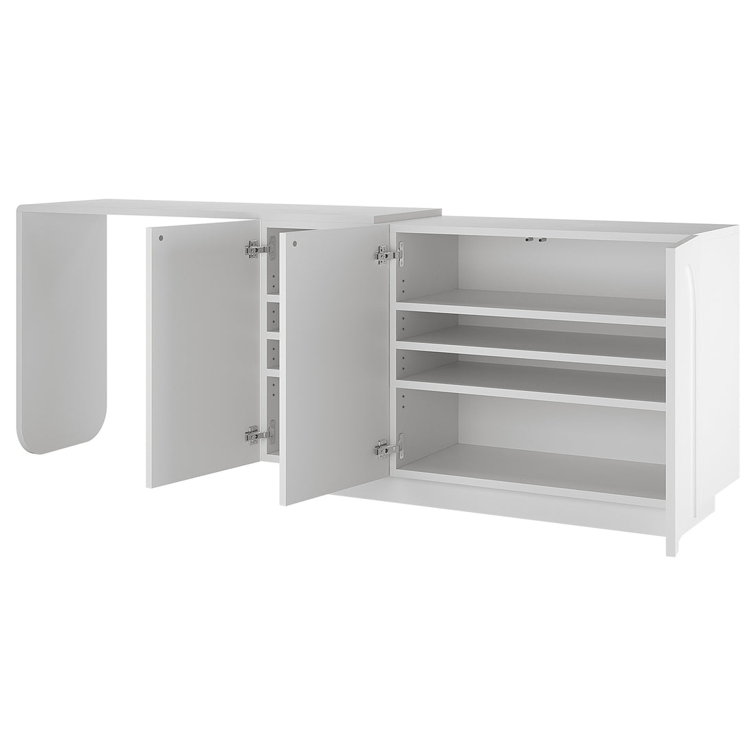 Hava 120cm Arched Sideboard with Extendable Table White features a sleek design with arched doors, open shelving, and adjustable shelves, perfect for stylish storage and modern decor.