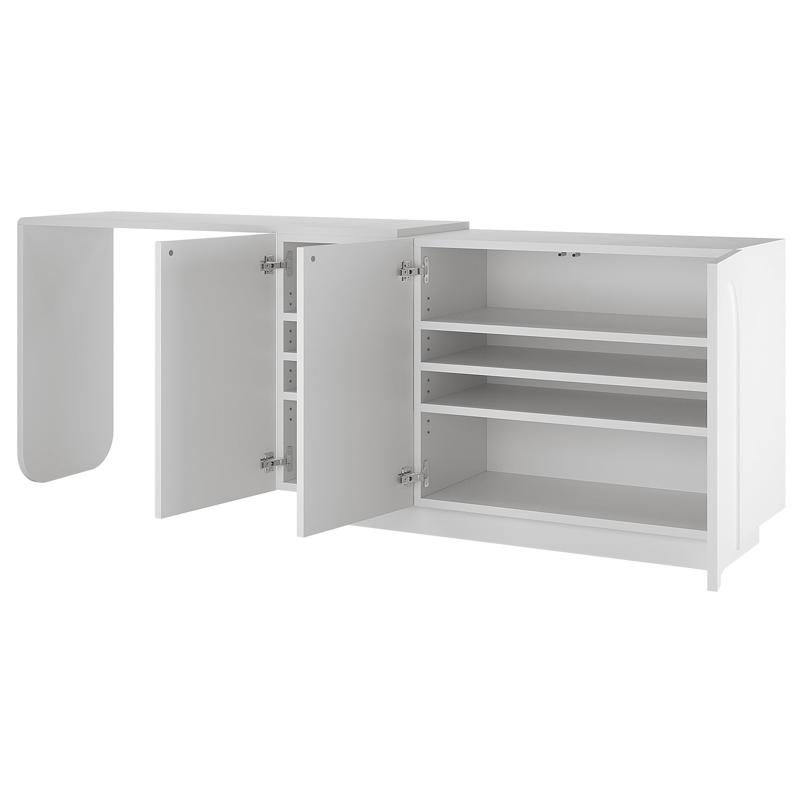 Hava 120cm Arched Sideboard with Extendable Table White features a sleek design with arched doors, open shelving, and adjustable shelves, perfect for stylish storage and modern decor.