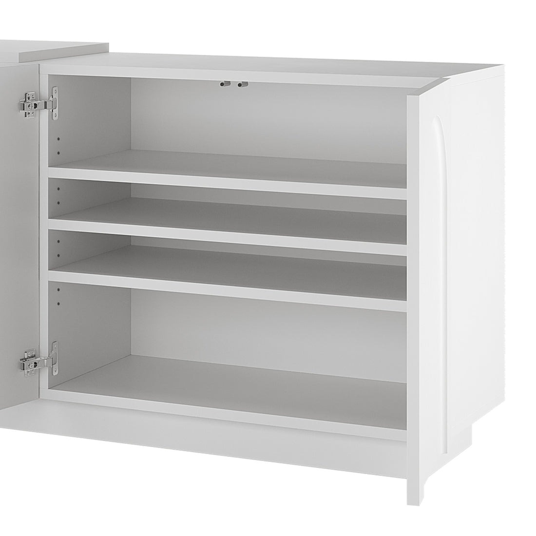 Hava 120cm Arched Sideboard with Extendable Table features close-ups of door hinges and shelf, highlighting its modern design, adjustable shelves, and elegant arch cabinet doors for stylish functionality.