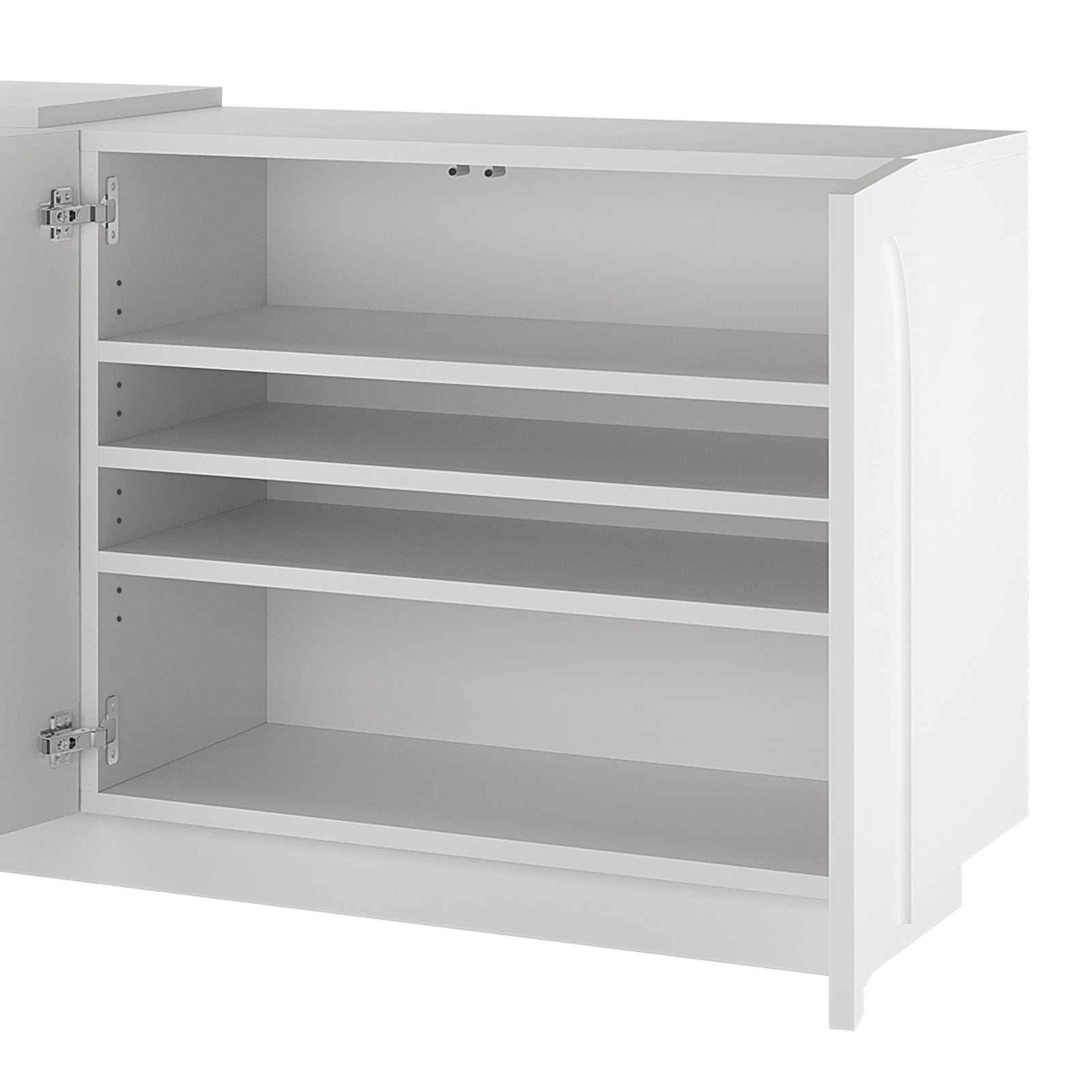 Hava 120cm Arched Sideboard with Extendable Table features close-ups of door hinges and shelf, highlighting its modern design, adjustable shelves, and elegant arch cabinet doors for stylish functionality.