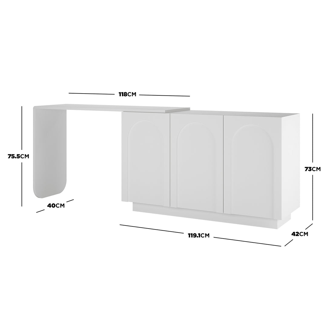 Hava 120cm Arched Sideboard with Extendable Table featuring three handle-free, arch-design doors and a sleek, rectangular tabletop. Perfect for modern Australian homes, offering versatile functionality and stylish storage.