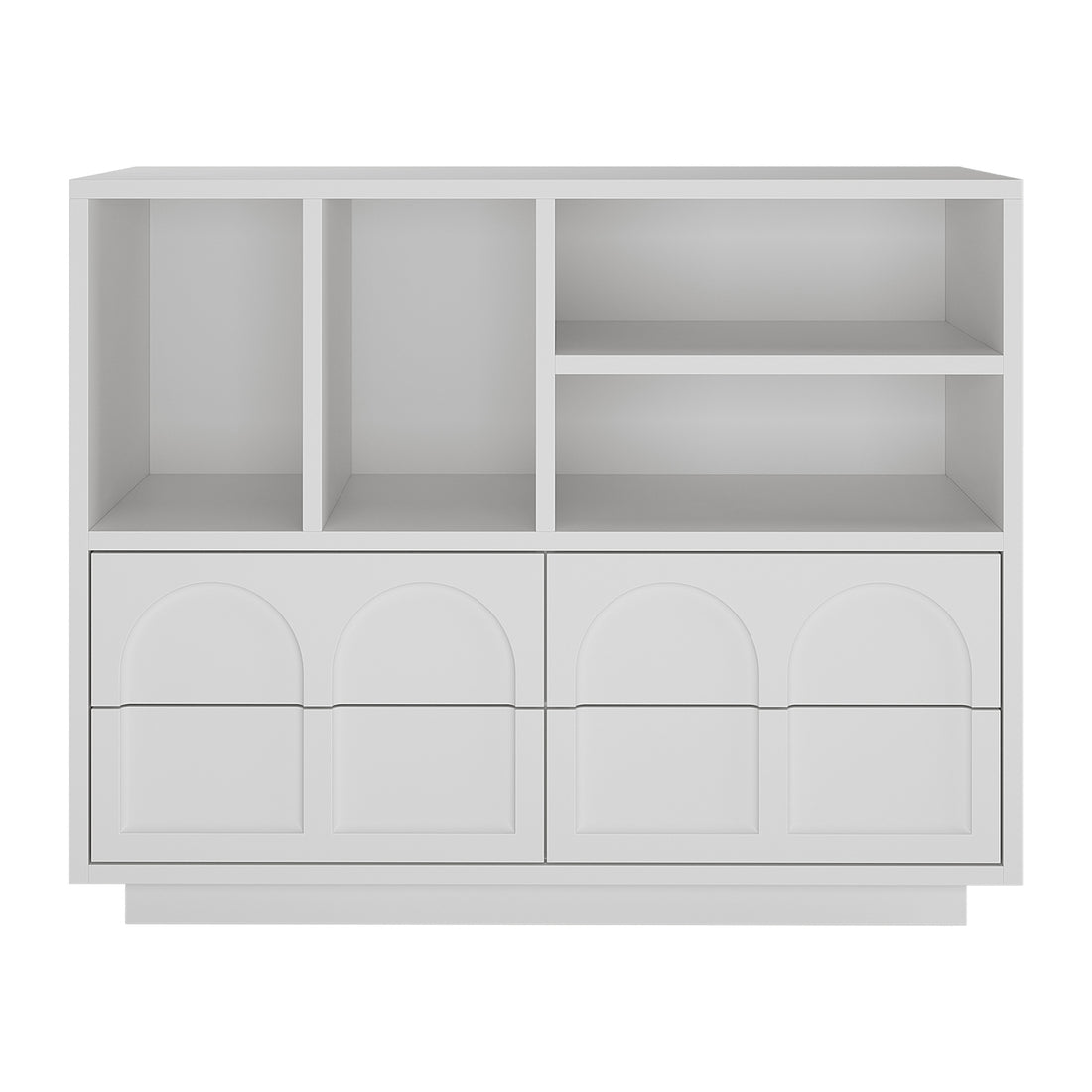 Hava 100cm Arched Sideboard with Shelves features a modern, handle-free design with arched drawers and four open shelves, providing stylish and practical storage for contemporary living spaces.