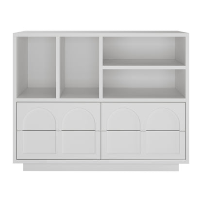 Hava 100cm Arched Sideboard with Shelves features a modern, handle-free design with arched drawers and four open shelves, providing stylish and practical storage for contemporary living spaces.