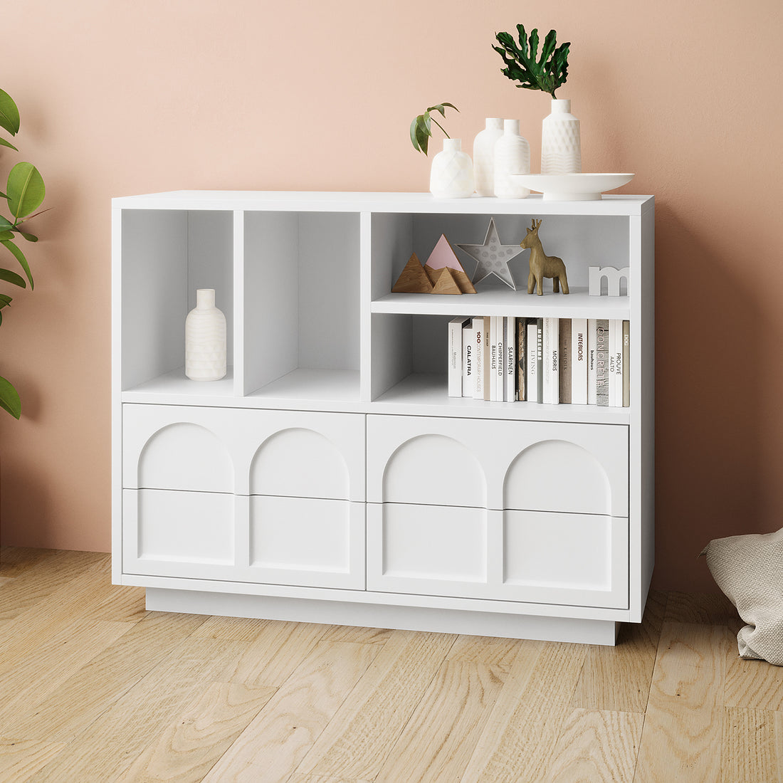 Hava 100cm Arched Sideboard with Shelves features a modern design with clean lines, visible open shelves, and handle-free drawers, offering stylish and practical storage for contemporary interiors.
