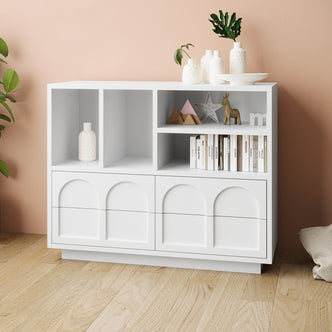Hava 100cm Arched Sideboard with Shelves features a modern design with clean lines, visible open shelves, and handle-free drawers, offering stylish and practical storage for contemporary interiors.