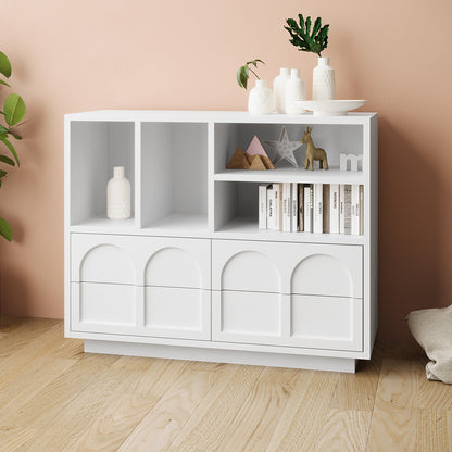 Hava 100cm Arched Sideboard with Shelves features a modern design with clean lines, visible open shelves, and handle-free drawers, offering stylish and practical storage for contemporary interiors.