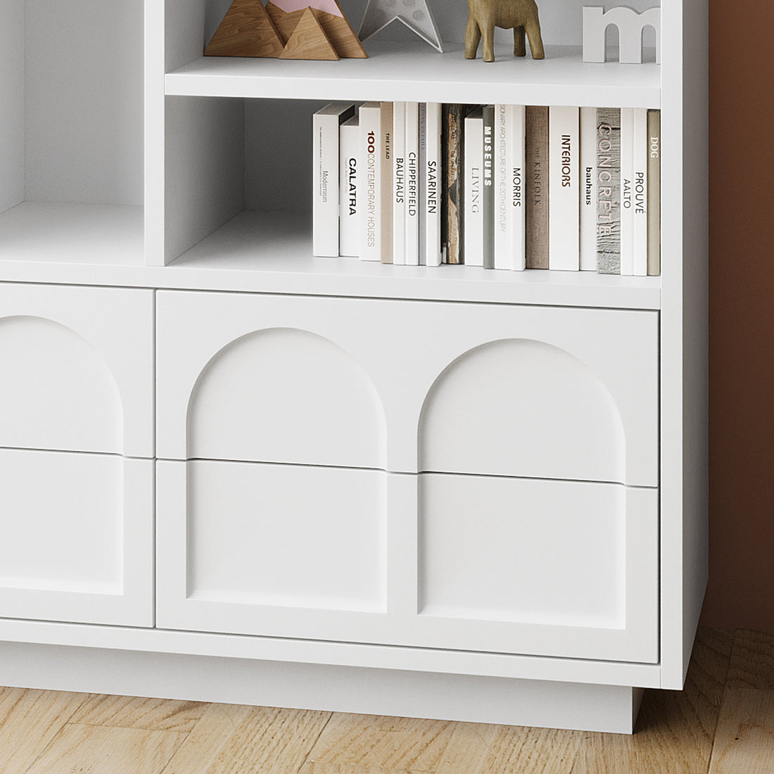 Hava 100cm Arched Sideboard with Shelves showcasing clean lines, four open shelves, and handle-free arched drawers, designed for modern storage in living or dining spaces.