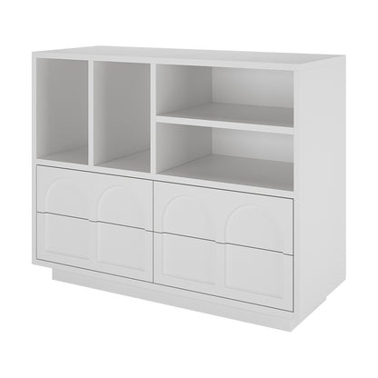 Close-up of the Hava 100cm Arched Sideboard with Shelves, highlighting its modern design with clean lines, arched drawers, and four open shelves for versatile storage.