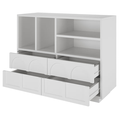 Hava 100cm Arched Sideboard with Shelves features a stylish design with four open shelves and arched, handle-free drawers, perfect for modern storage in any room.