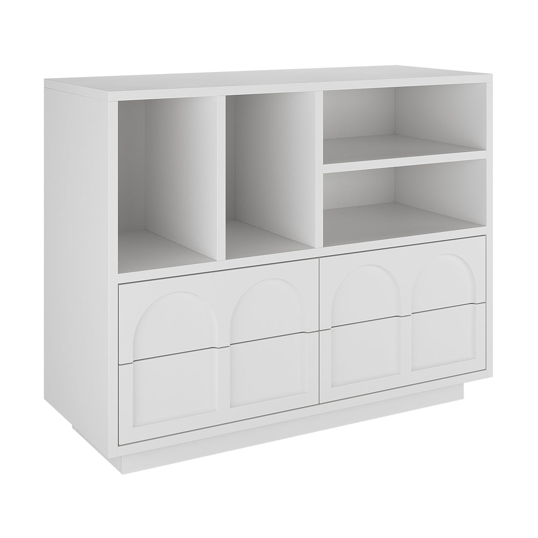 Hava 100cm Arched Sideboard with Shelves White, showcasing four open shelves and arched, handle-free drawers, offers a sleek, modern storage solution ideal for living rooms, dining rooms, or hallways.