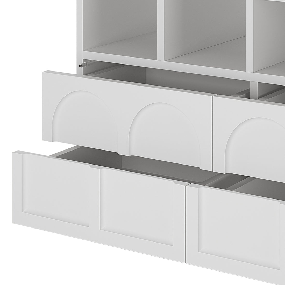 Hava 100cm Arched Sideboard with Shelves White, showcasing clean lines, arched drawers, and four open shelves, exemplifies stylish, practical storage for contemporary settings.