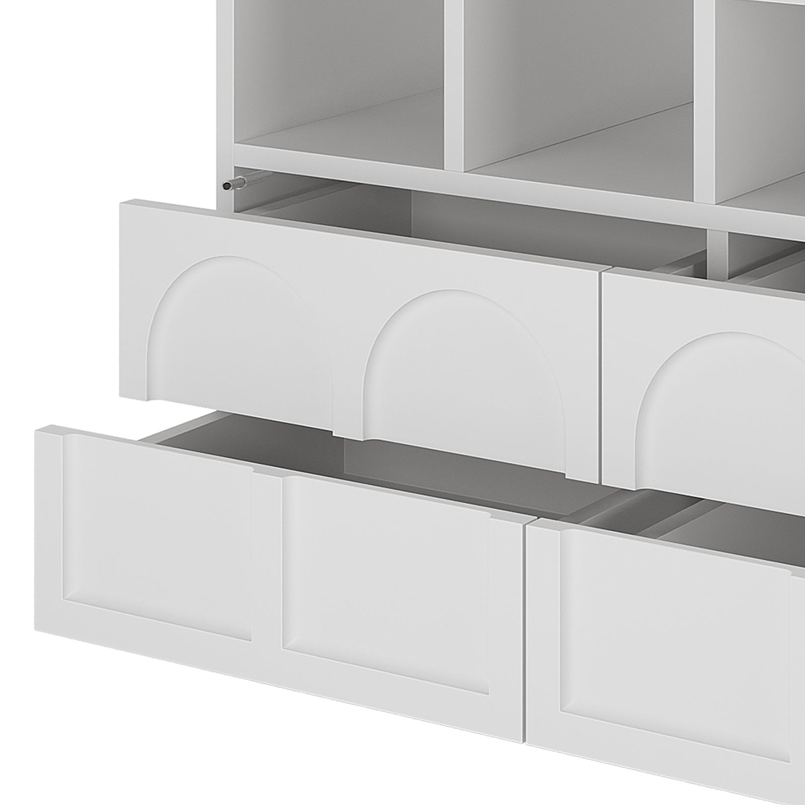 Hava 100cm Arched Sideboard with Shelves White, showcasing clean lines, arched drawers, and four open shelves, exemplifies stylish, practical storage for contemporary settings.