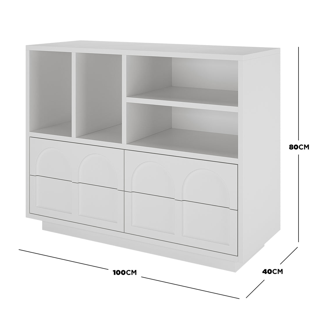 Hava 100cm Arched Sideboard with Shelves White, featuring sleek, clean lines, four open shelves, and arched drawers, offering modern, practical storage for contemporary interiors.