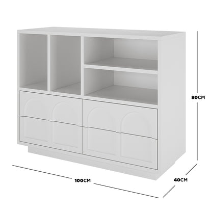 Hava 100cm Arched Sideboard with Shelves White, featuring sleek, clean lines, four open shelves, and arched drawers, offering modern, practical storage for contemporary interiors.