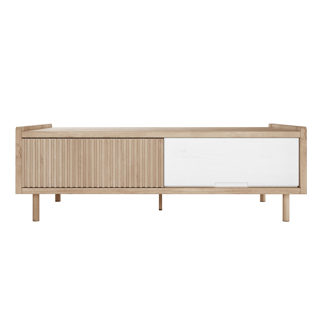 Hayden 130cm Fluted Coffee Table with Storage in Natural, featuring light-toned wood, sliding doors with vertical slats and a white panel, on short round legs, offering Scandinavian-inspired minimalist design.