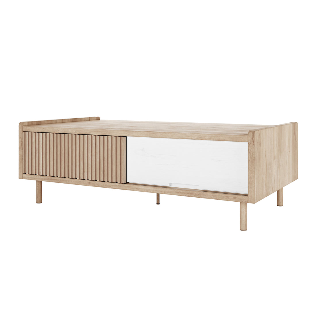 Hayden 130cm Fluted Coffee Table with Storage in Natural, featuring a Scandinavian-style design with fluted wood and smooth white sliding doors, slender legs, and ample storage for electronics or decor.