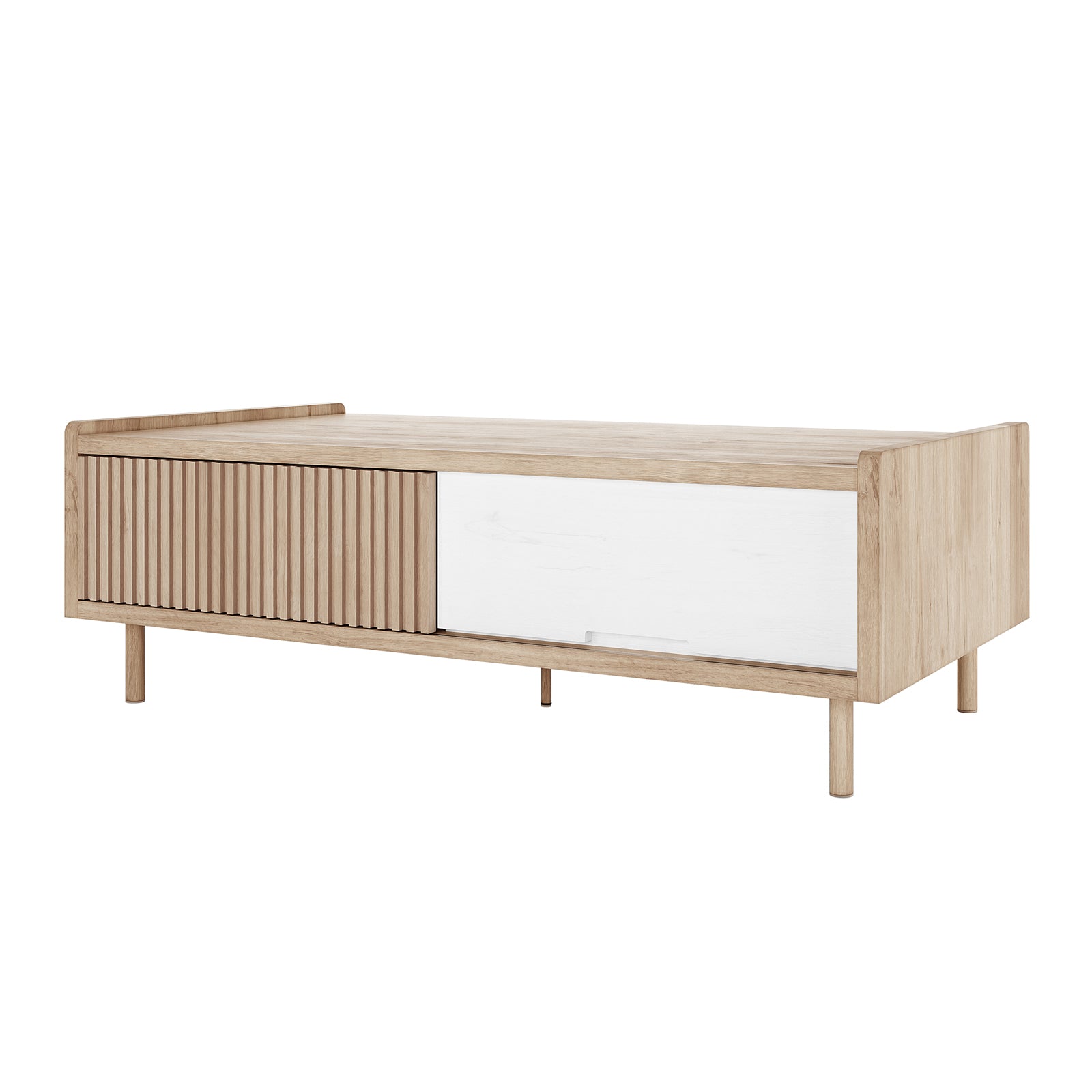 Hayden 130cm Fluted Coffee Table with Storage in Natural, featuring a Scandinavian-style design with fluted wood and smooth white sliding doors, slender legs, and ample storage for electronics or decor.