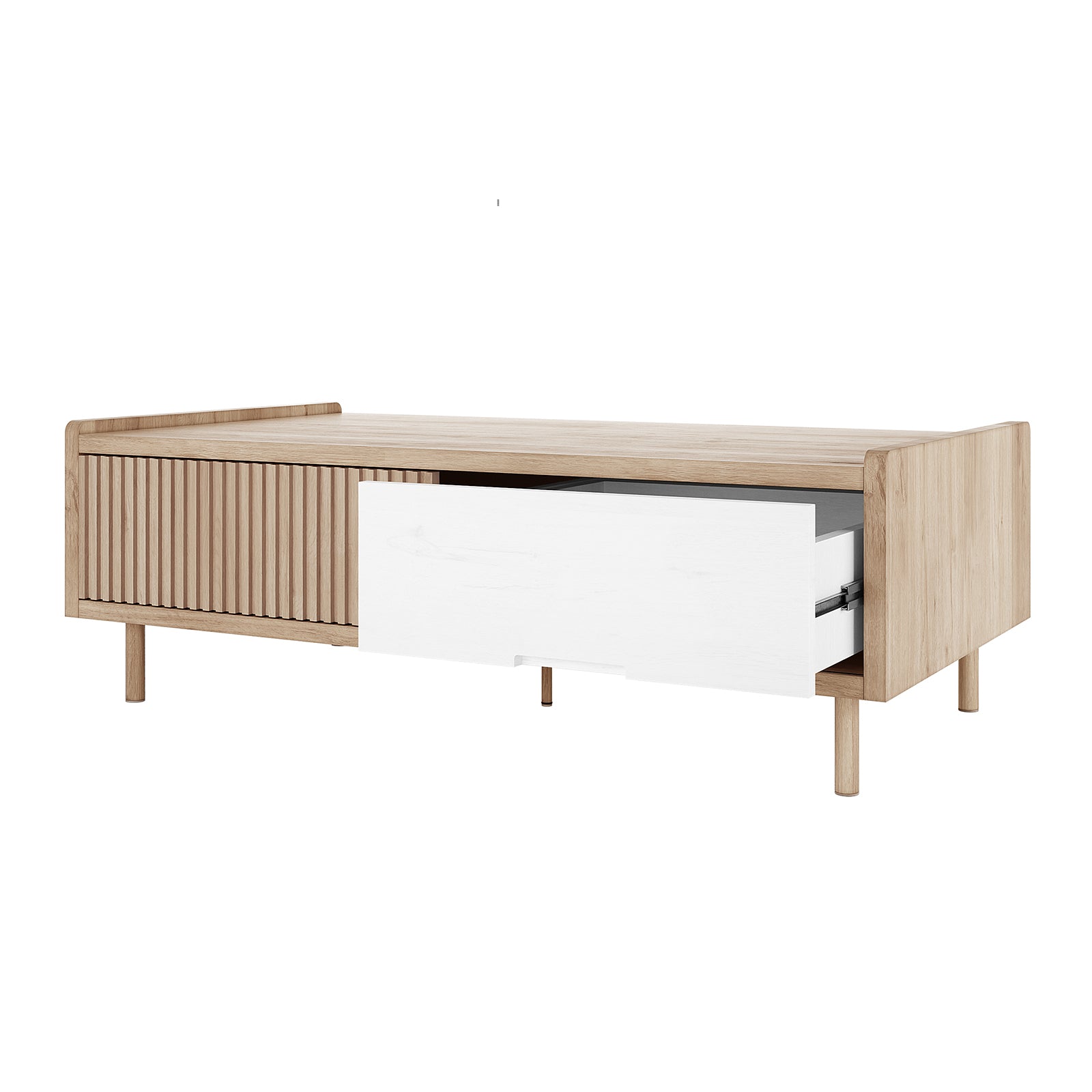Hayden 130cm Fluted Coffee Table with Storage in Natural, featuring a light oak-tone body with a tambour door and white pull-out drawer, supported by four round wooden legs.