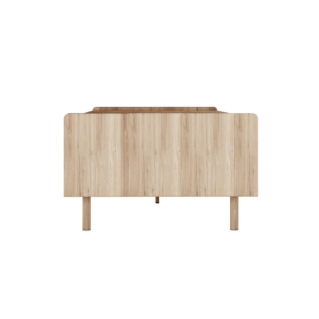 Hayden 130cm Fluted Coffee Table with Storage in Natural, featuring a minimalist design with a smooth front panel, cylindrical wooden legs, and a sliding door for concealed storage.