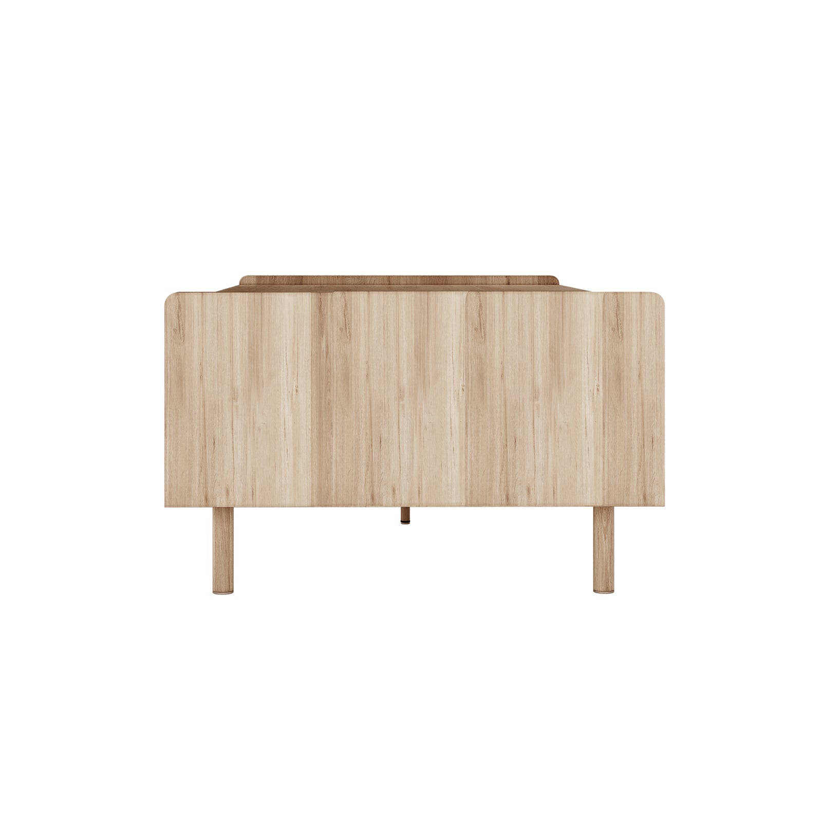 Hayden 130cm Fluted Coffee Table with Storage in Natural, featuring a minimalist design with a smooth front panel, cylindrical wooden legs, and a sliding door for concealed storage.