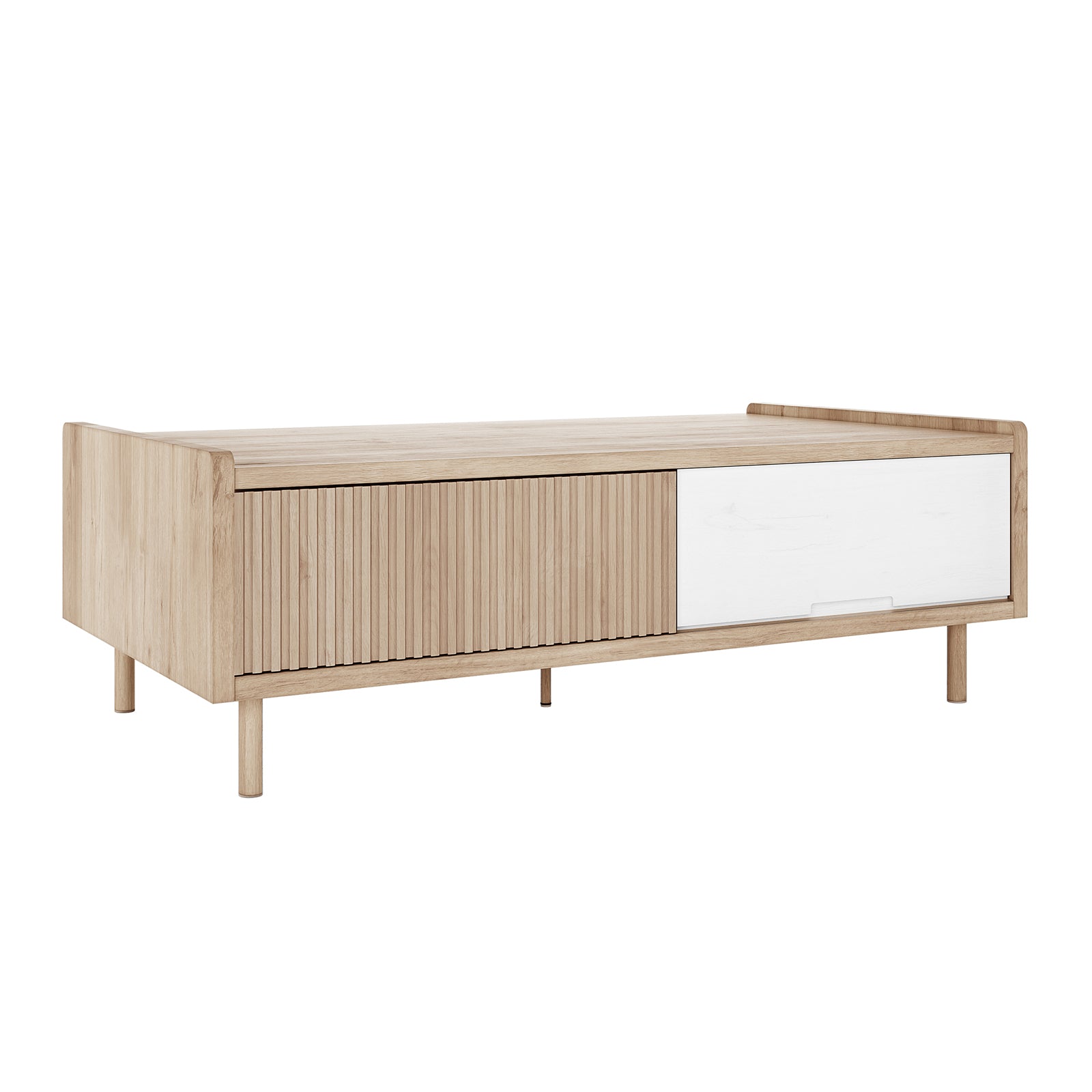 The Hayden 130cm Fluted Coffee Table with Storage in Natural features minimalist Scandinavian design, with a wooden slatted sliding door and white panel, supported by short round legs, for stylish organization.