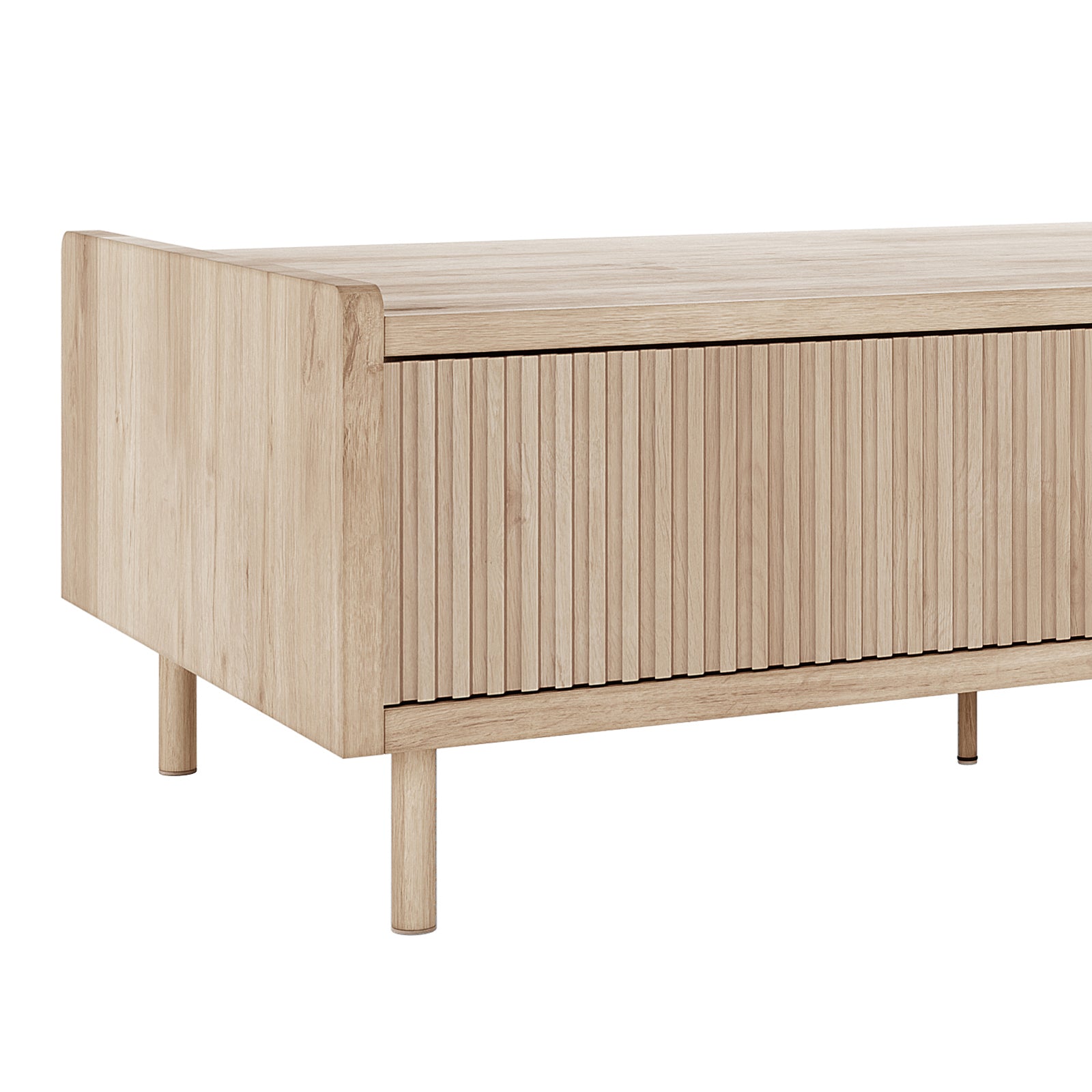 Hayden 130cm Fluted Coffee Table with Storage in Natural, featuring a modern-Scandi design with vertical slats, light-tone oak panels, round tapered legs, and sleek metal supports, offering functional storage.