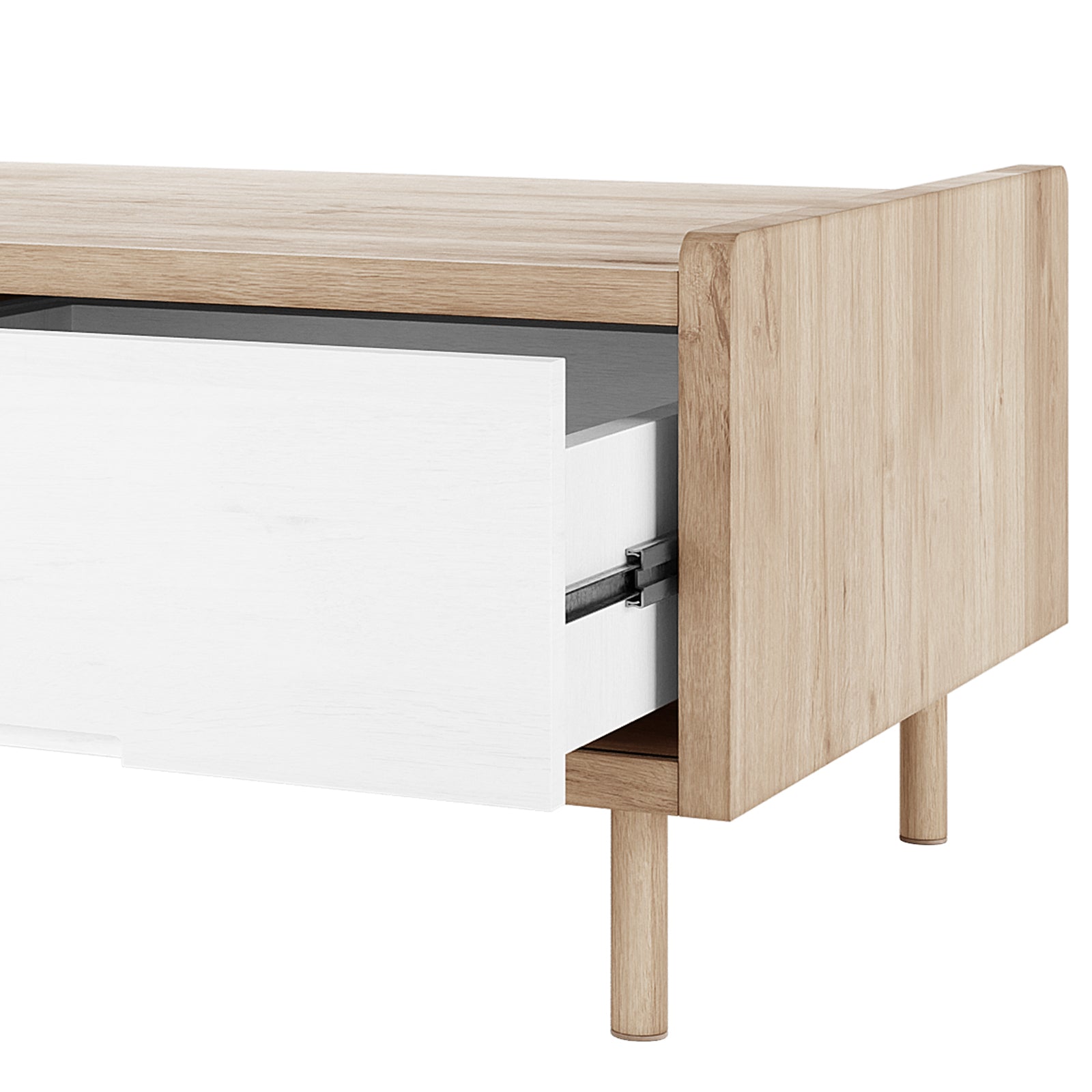 Close-up of Hayden 130cm Fluted Coffee Table with Storage in Natural, showcasing a modern design with a white drawer partially open, light oak finish, and round, tapered legs for a contemporary look.