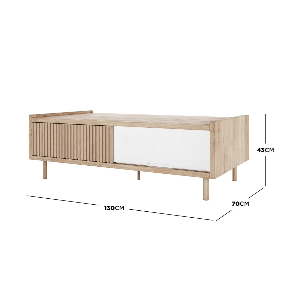 Hayden 130cm Fluted Coffee Table with Storage in Natural, showcasing light oak wood, smooth white sliding door, and sleek metal legs. Dimensions: 130cm width, 70cm depth, 43cm height.