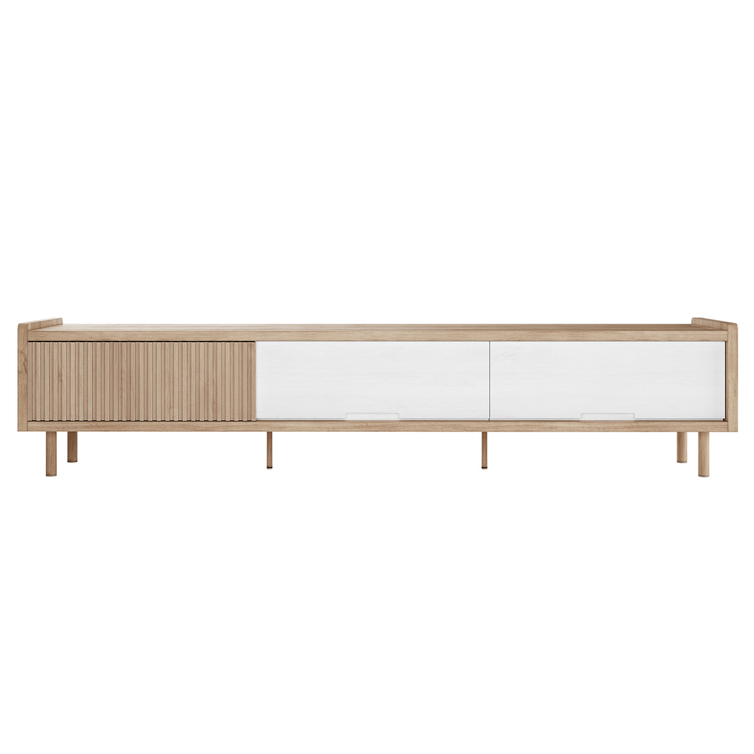 Hayden 200cm Fluted TV Entertainment Unit in Natural features a light oak frame, slender legs, sliding slatted door on the left, and two white-front sliding drawers on the right.