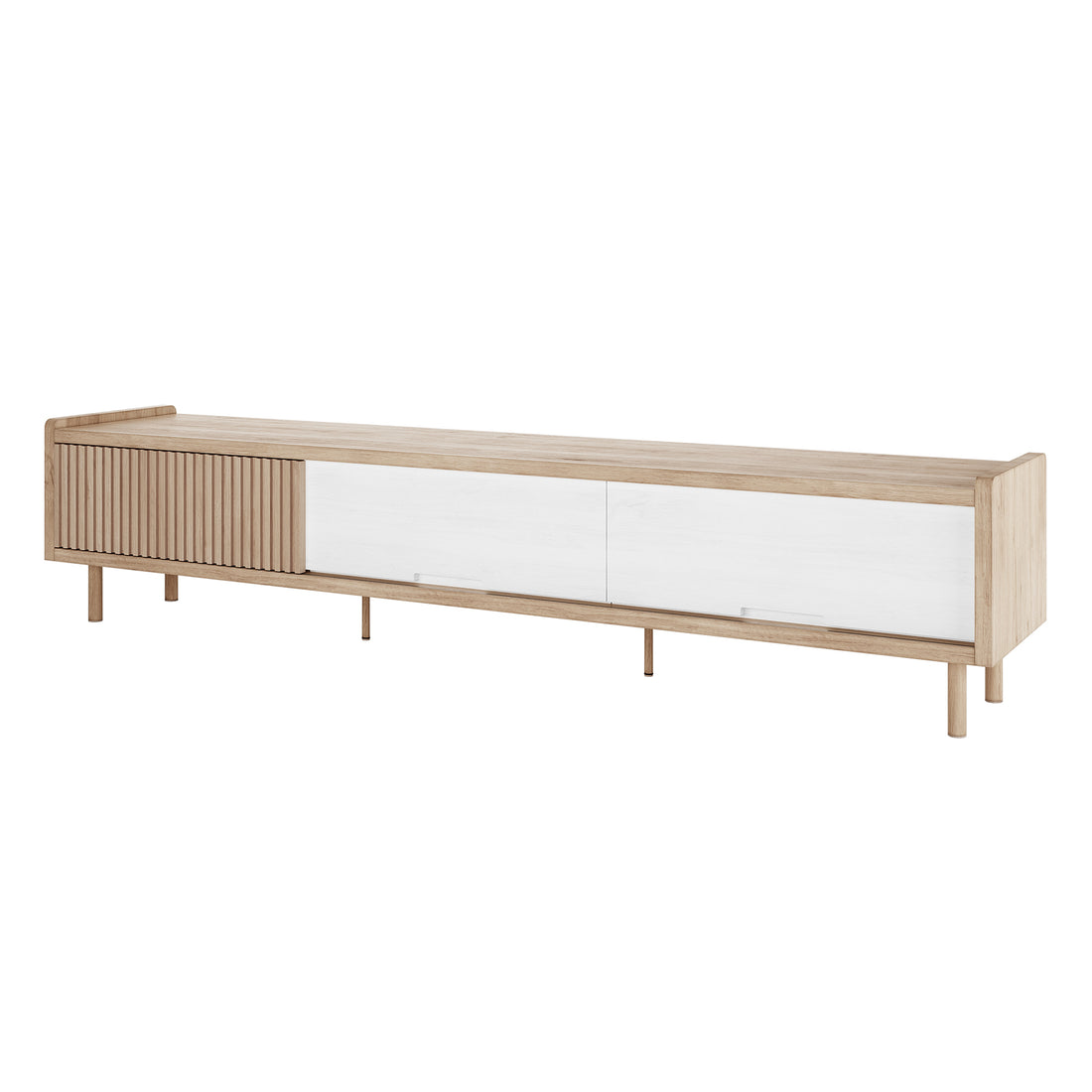 Hayden 200cm Fluted TV Entertainment Unit in Natural, featuring light-toned wood, round legs, three sliding compartments with two smooth white panels and one fluted wood-grain panel, ideal for stylish storage.