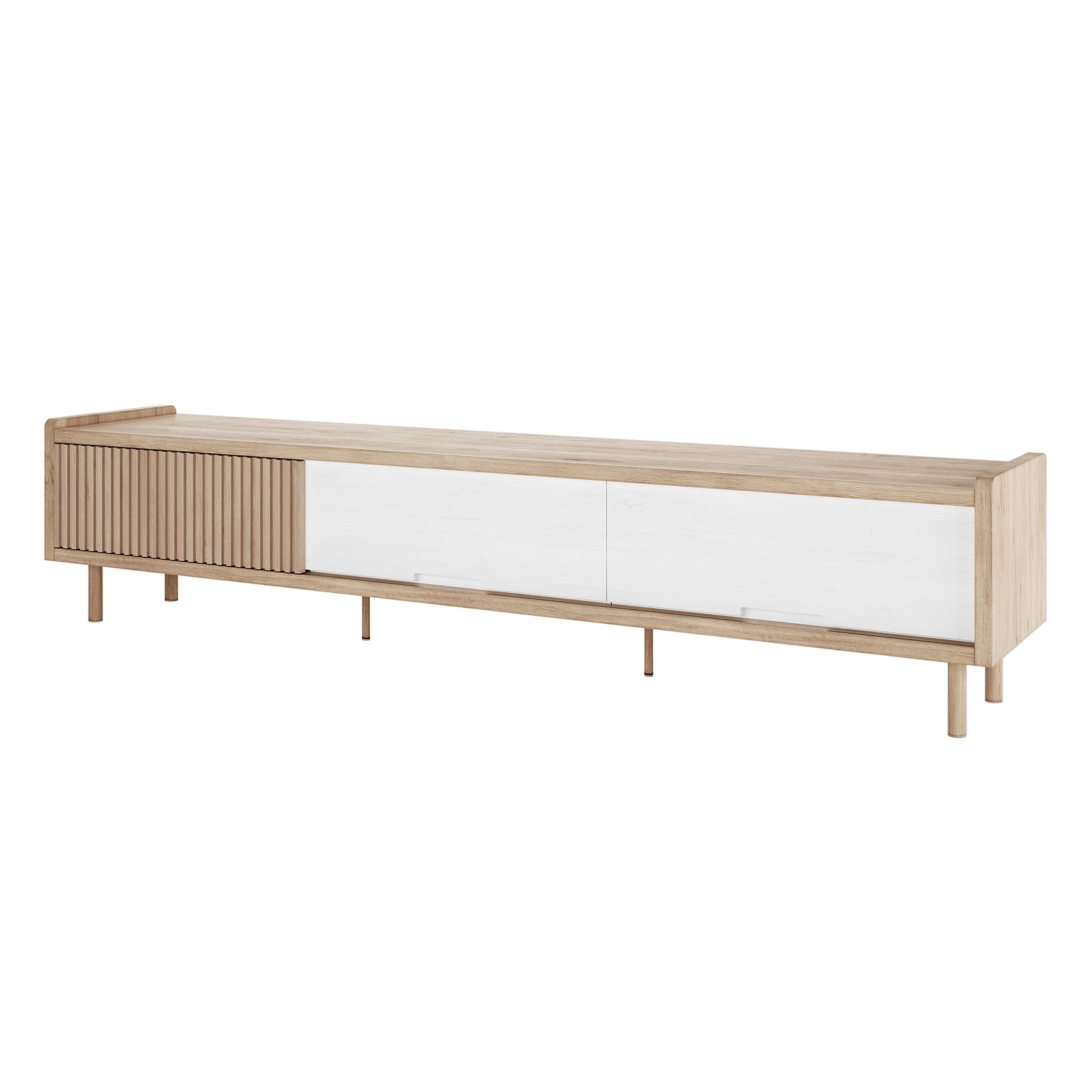 Hayden 200cm Fluted TV Entertainment Unit in Natural, featuring light-toned wood, round legs, three sliding compartments with two smooth white panels and one fluted wood-grain panel, ideal for stylish storage.