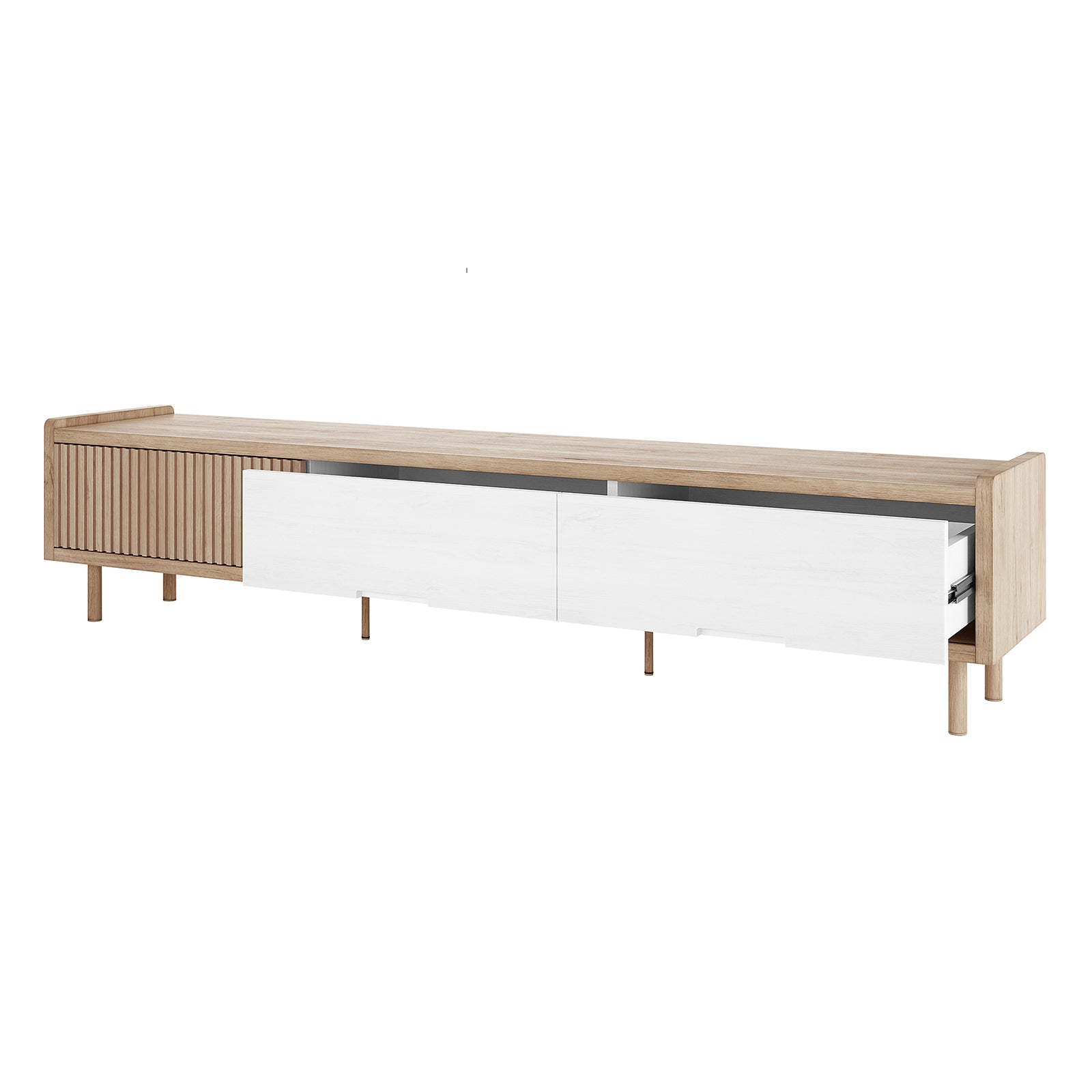 Hayden 200cm Fluted TV Entertainment Unit in Natural features a modern-Scandi design with a slatted door, two white drawers, a shelf for AV gear, and slender round legs.