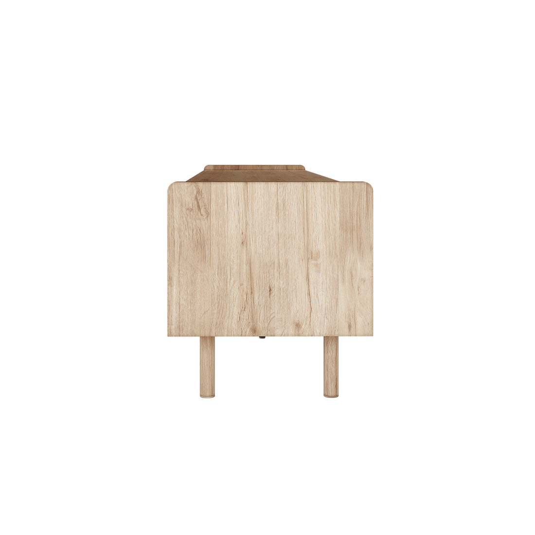 Hayden 200cm Fluted TV Entertainment Unit in Natural features a minimalist design with light-wood finish, short cylindrical legs, spacious shelf, two drawers, and a sliding door for organized storage.