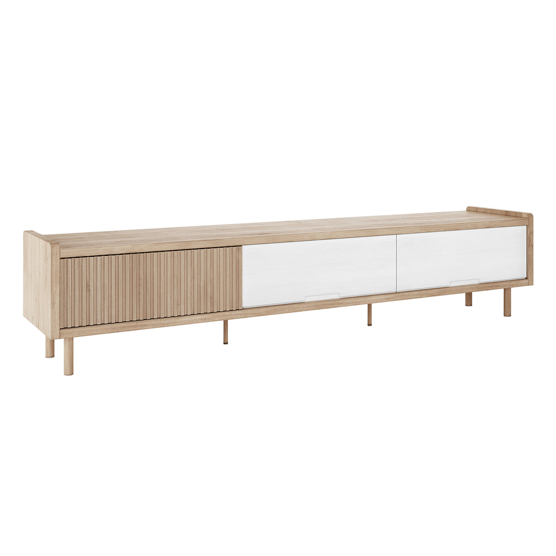 Hayden 200cm Fluted TV Entertainment Unit in Natural, featuring a long wooden console with slender legs, light finish, fluted wood grain panel, and two smooth white sliding doors for storage.