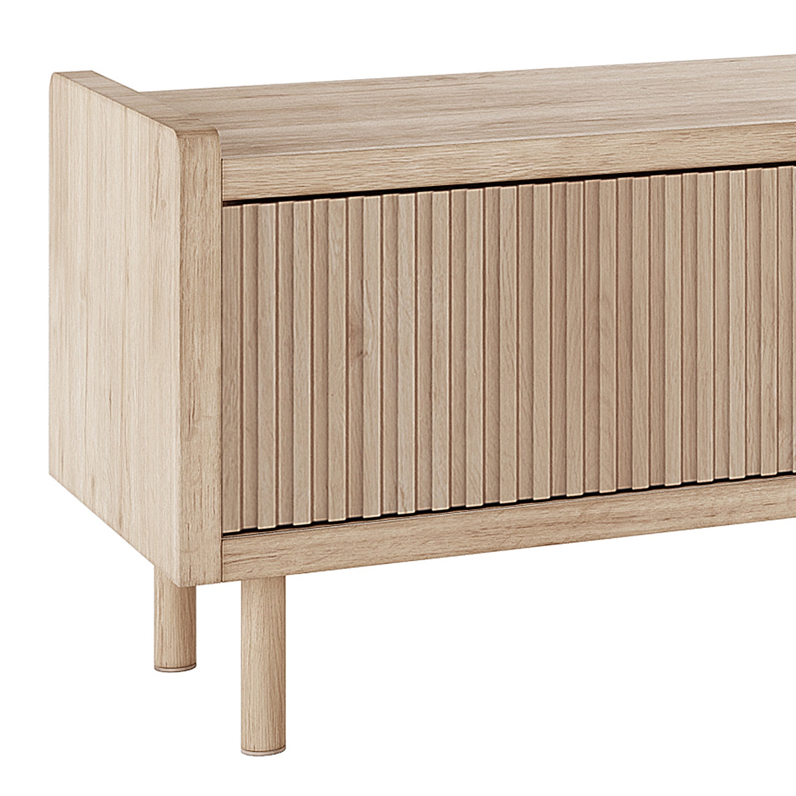 Hayden 200cm Fluted TV Entertainment Unit in Natural showcases a slatted front panel, solid wood top, and two round wooden legs, offering a stylish storage solution for your living room.