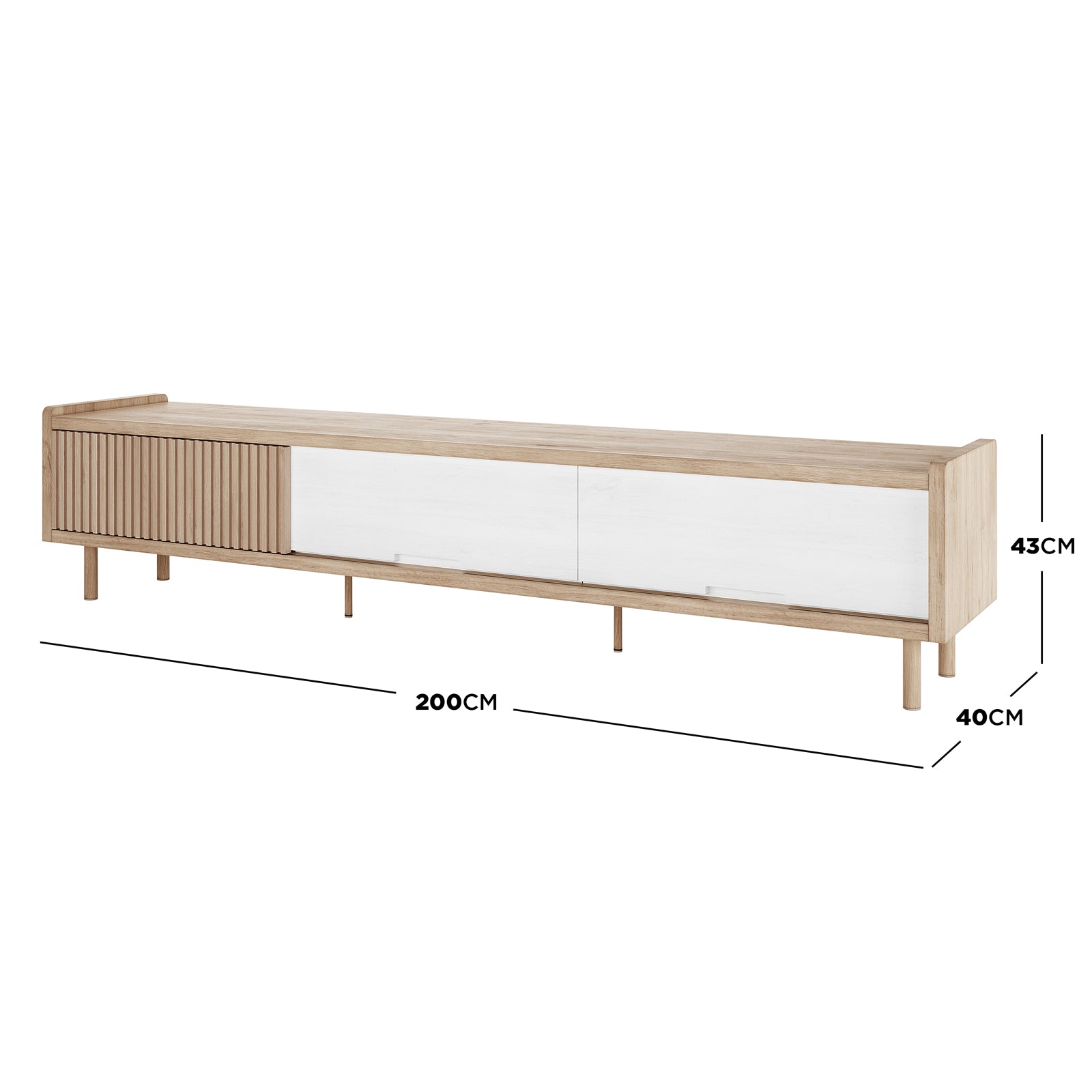 Hayden 200cm Fluted TV Entertainment Unit in Natural features a light oak finish with three front compartments: one slatted wood door and two smooth white doors, supported by slim cylindrical legs.
