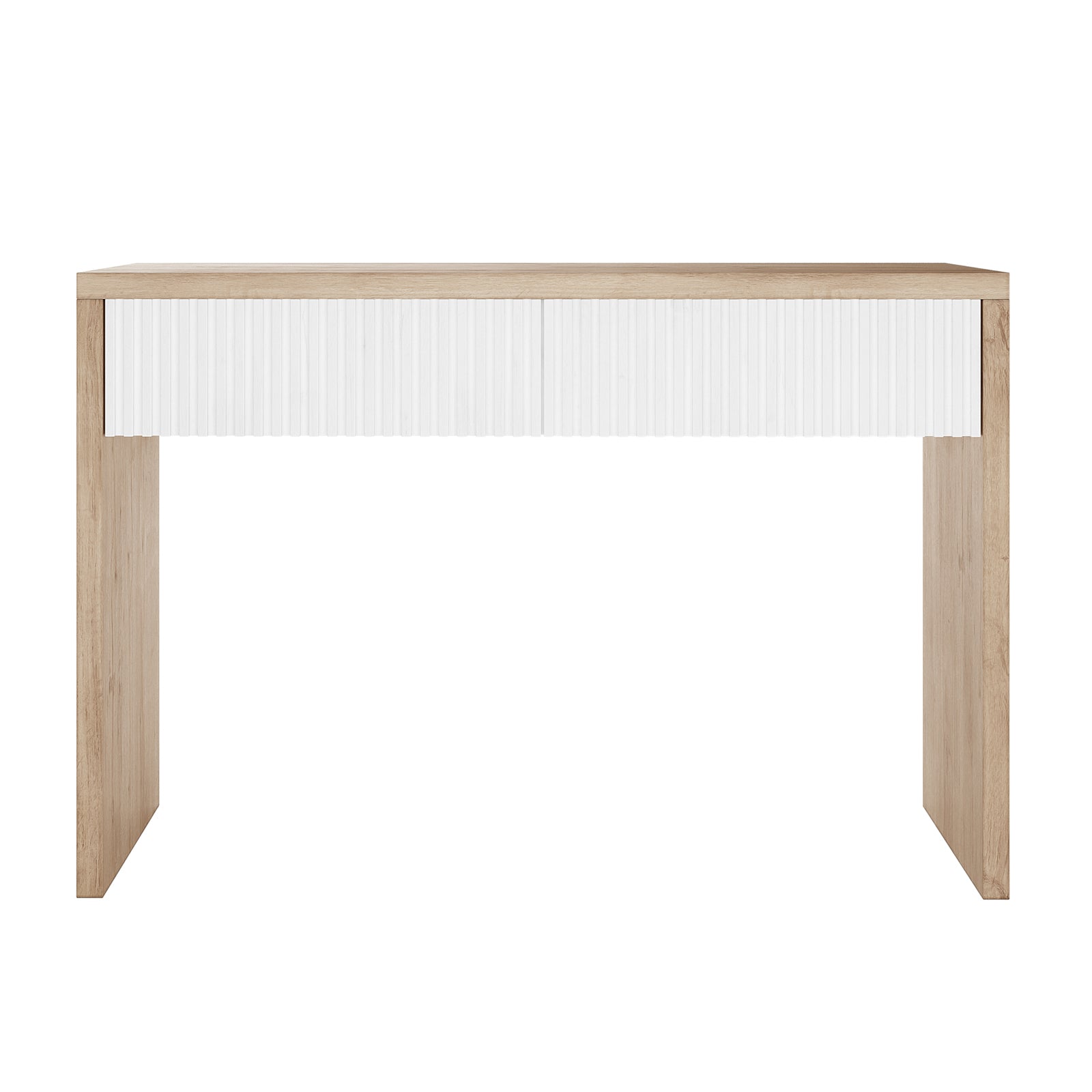 Hayden 120cm Fluted Hallway Table with Storage in Natural, featuring a minimalist design, light-wood finish, fluted white drawer front, and two spacious soft-closing drawers for organized storage.