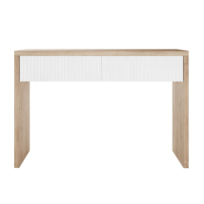 Hayden 120cm Fluted Hallway Table with Storage in Natural, featuring a minimalist design, light-wood finish, fluted white drawer front, and two spacious soft-closing drawers for organized storage.