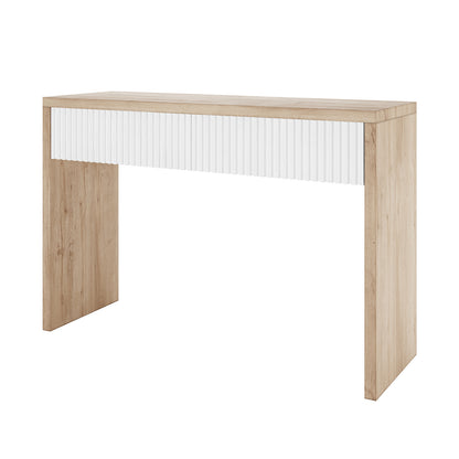 Hayden 120cm Fluted Hallway Table with Storage in Natural, featuring a light oak-toned top and legs, with a distinctive white, vertically ridged panel below the tabletop for a modern look.