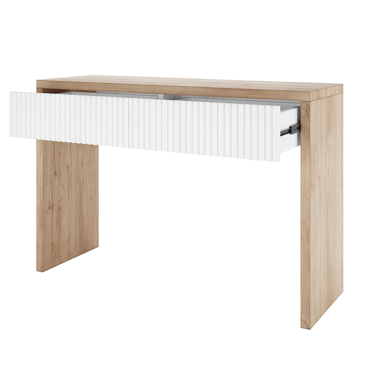 Hayden 120cm Fluted Hallway Table with Storage in Natural features a light oak-finish, minimalist design with a rectangular top, two flat side panels, and a partially open white, ribbed drawer.